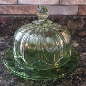 Vintage Hocking Depression Glass Green Uranium Knife and Fork Butter Dish